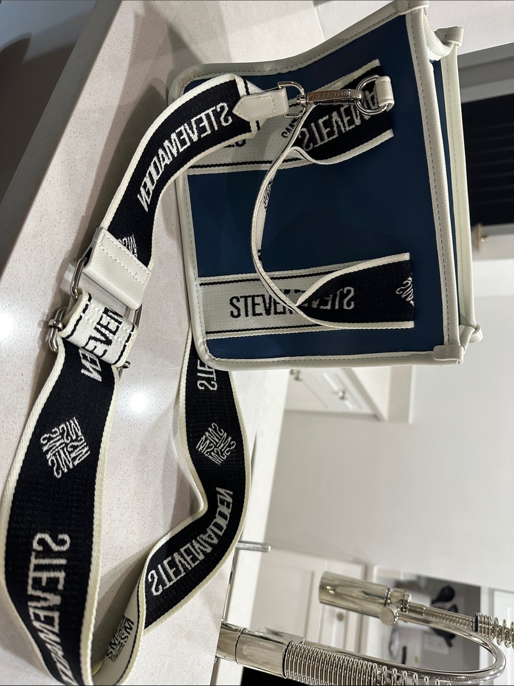 Steve Madden Navy and White Logo Strap Messenger Bag